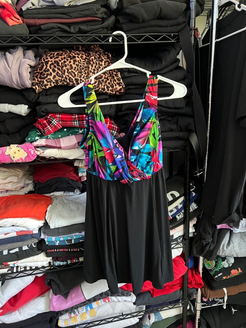 Vibrant Tropical Print Tank Swim Dress with Black Skirt